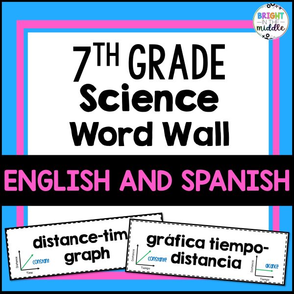 Science Word Wall Middle School - 7th - ENGLISH AND SPANISH - 307 Words Each