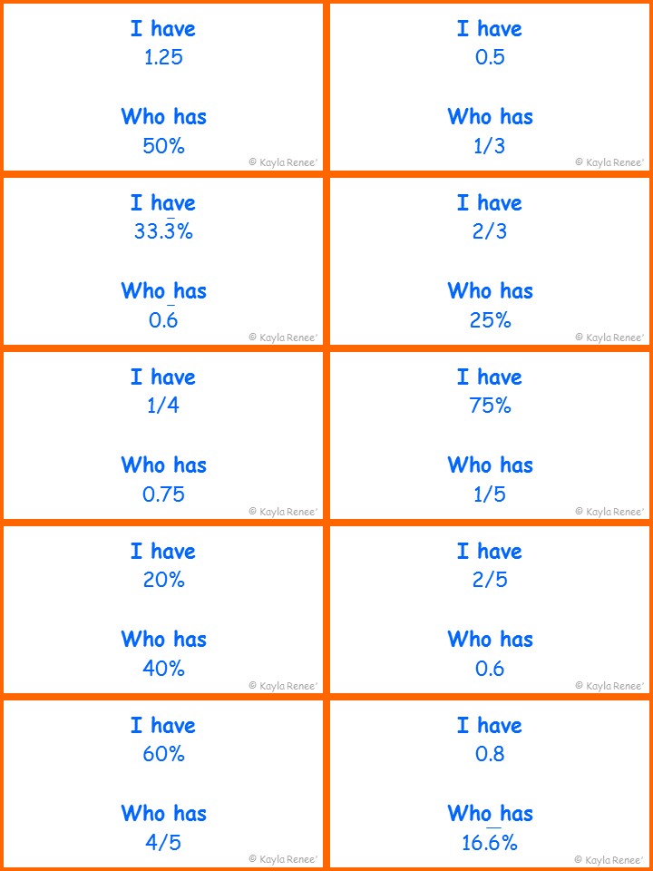 fractions decimals and percents game 2