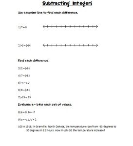 Subtracting Integers Practice Sheet