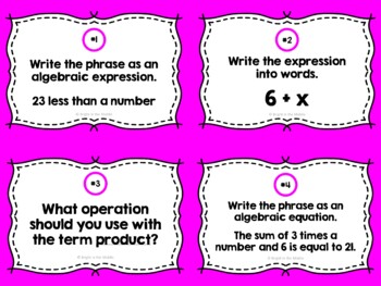 Writing Expressions and Equations/ Translating Words into Math Task Cards - Image 2