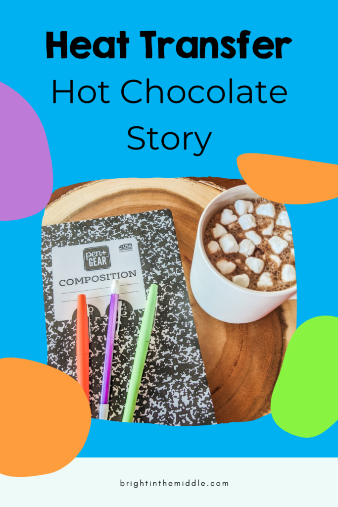 heat transfer hot chocolate story - picture with hot chocolate, notebook, and pens