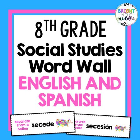 8th grade social studies word wall in English and Spanish